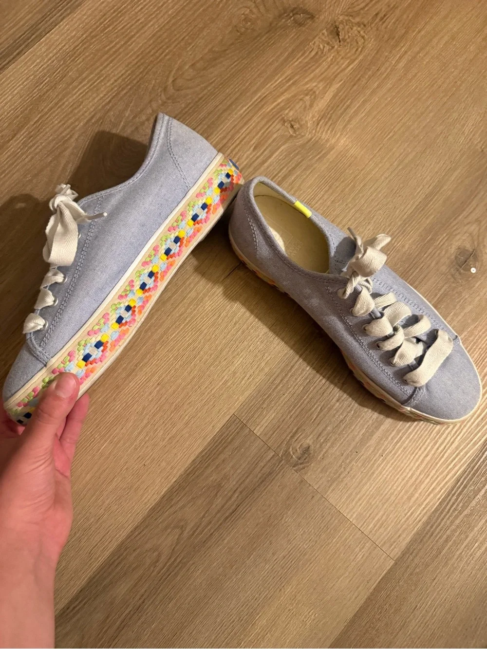 Keds Light Gray Canvas Low-Top Sneaker with Neon Yellow Accent